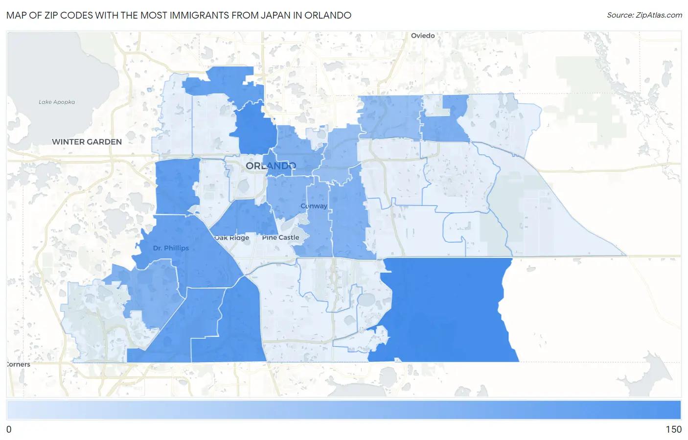 Zip Codes with the Most Immigrants from Japan in Orlando Map