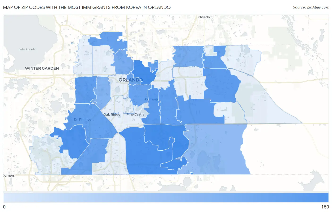 Zip Codes with the Most Immigrants from Korea in Orlando Map