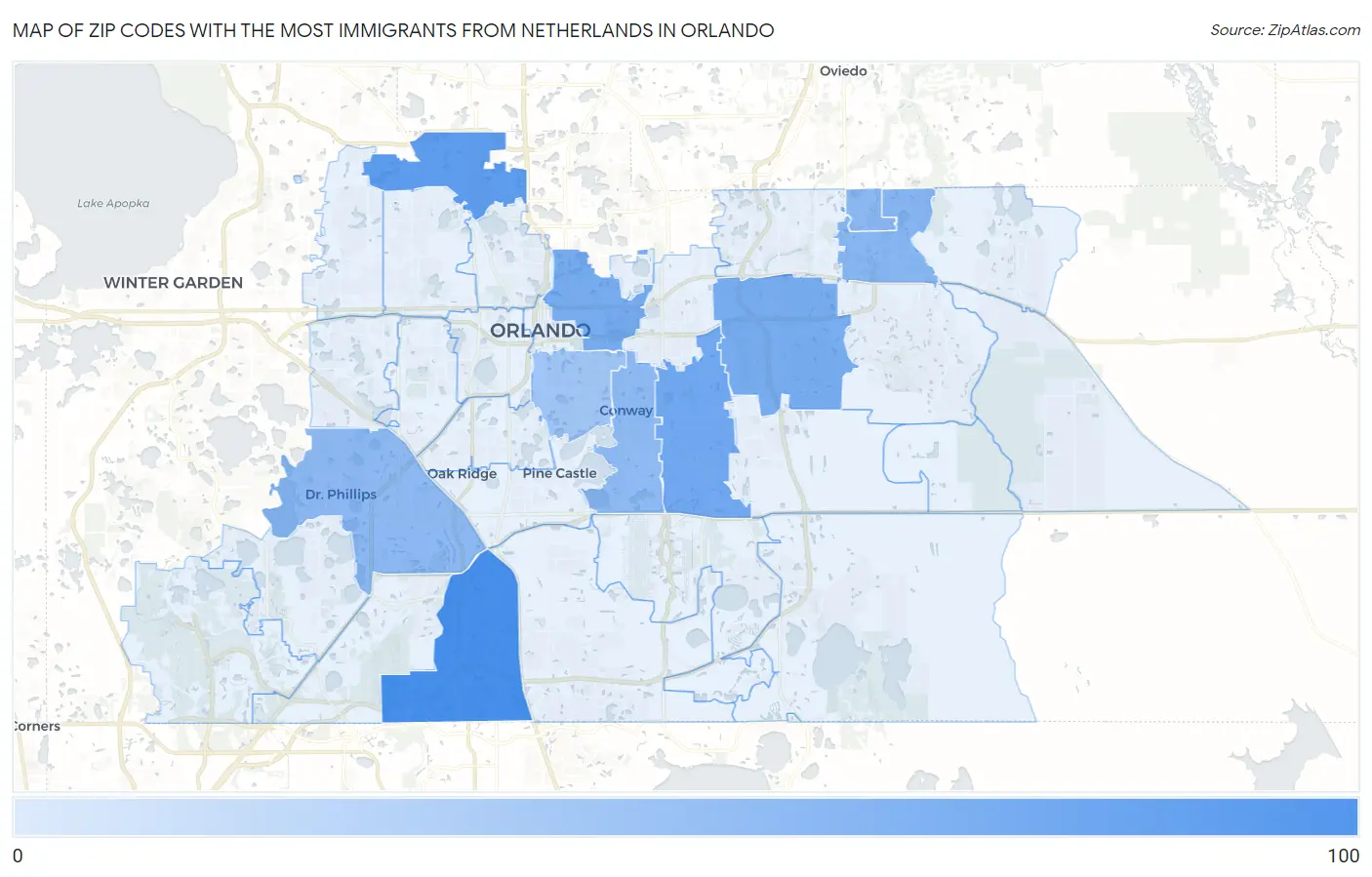 Zip Codes with the Most Immigrants from Netherlands in Orlando Map