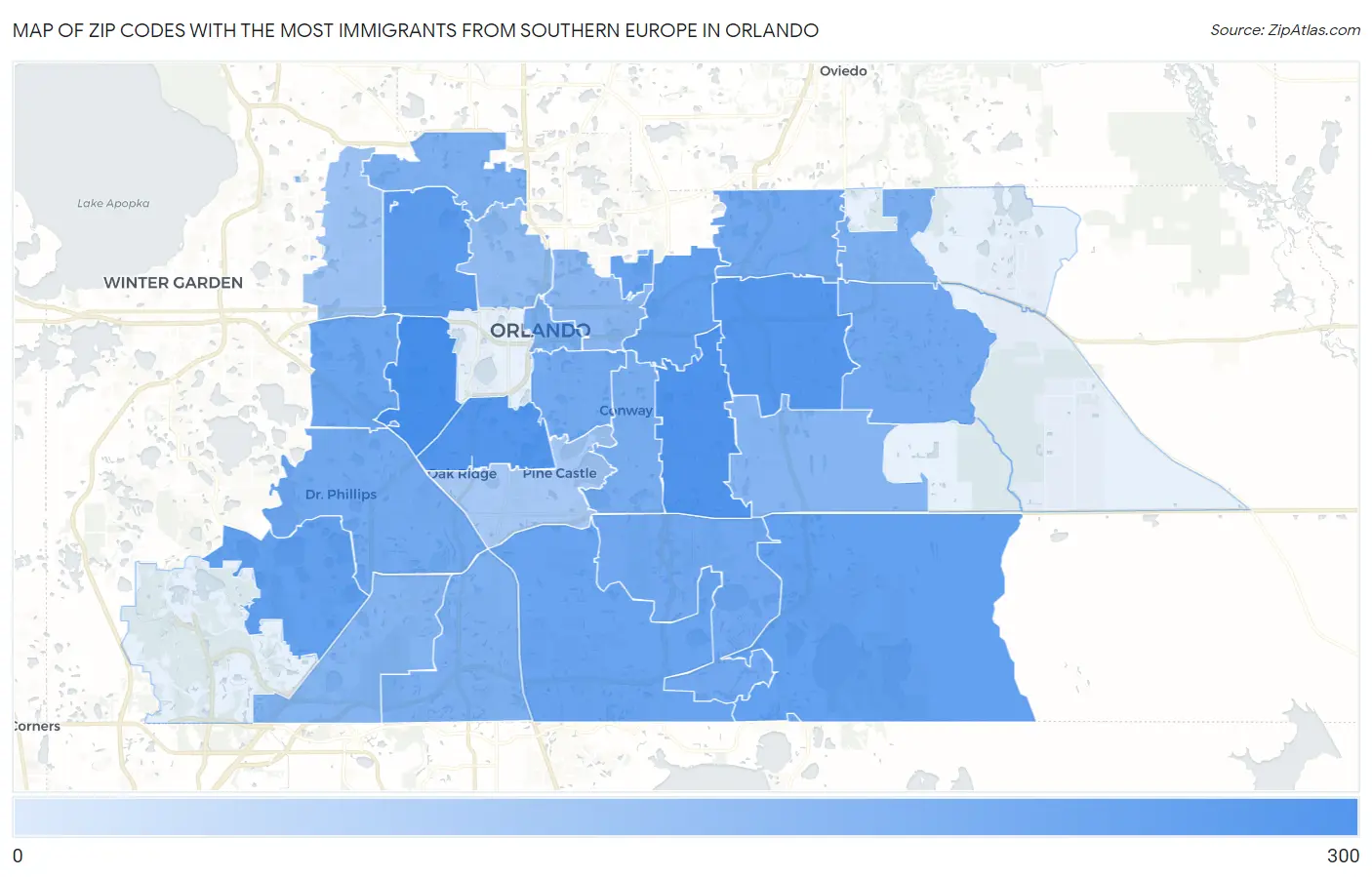 Zip Codes with the Most Immigrants from Southern Europe in Orlando Map