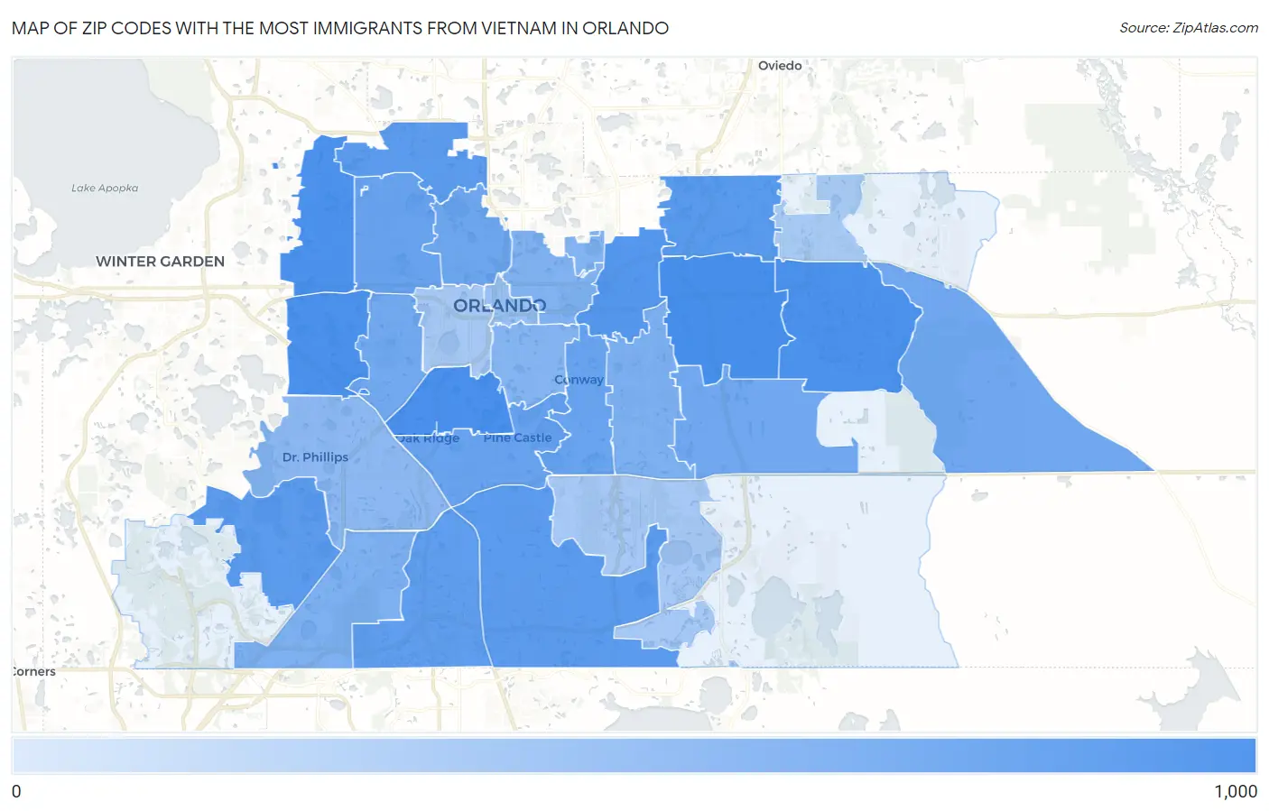 Zip Codes with the Most Immigrants from Vietnam in Orlando Map