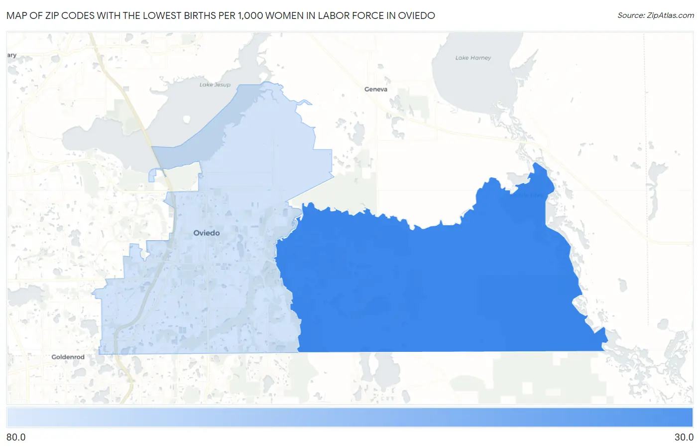 Zip Codes with the Lowest Births per 1,000 Women in Labor Force in Oviedo Map