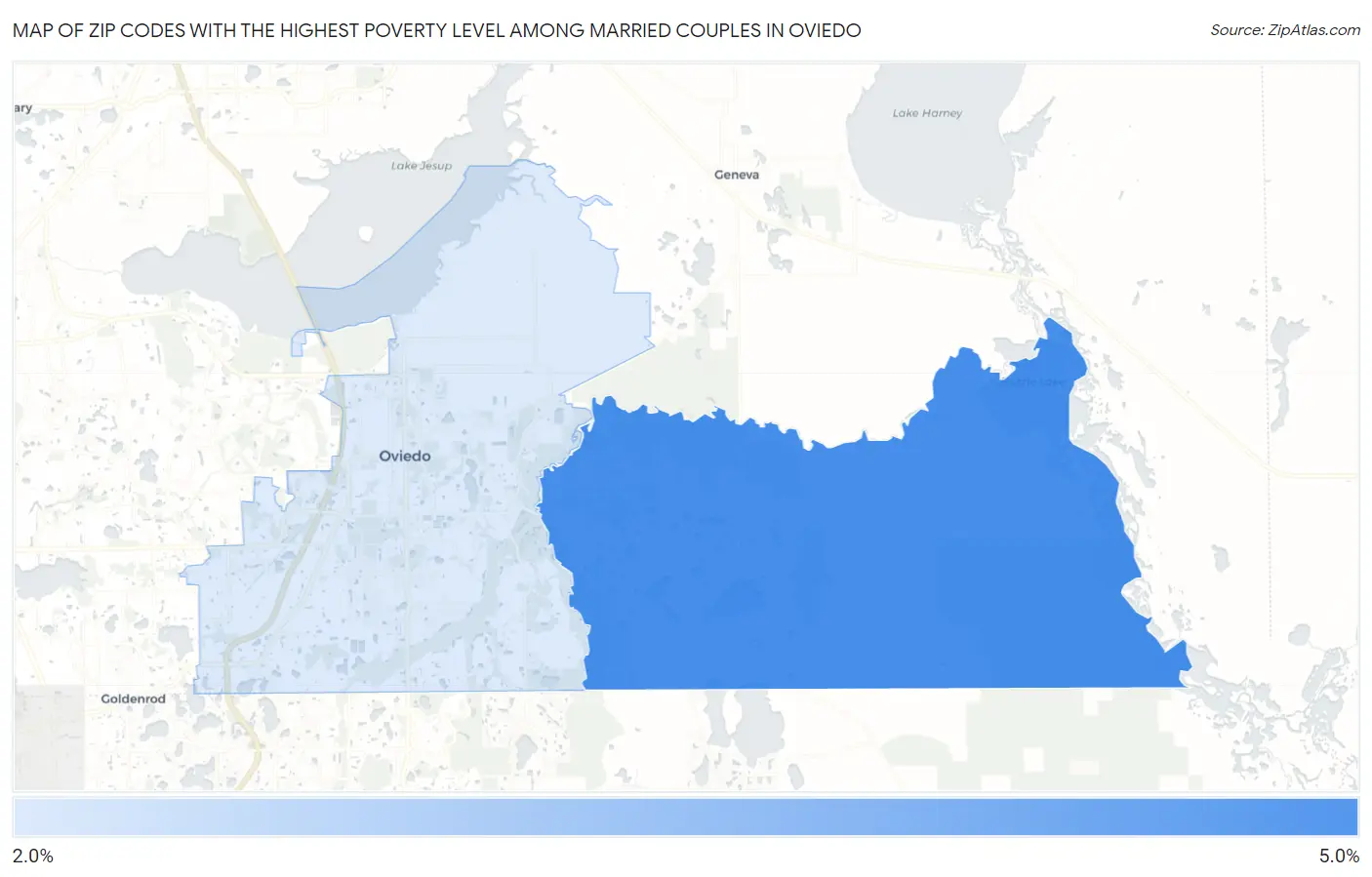 Zip Codes with the Highest Poverty Level Among Married Couples in Oviedo Map