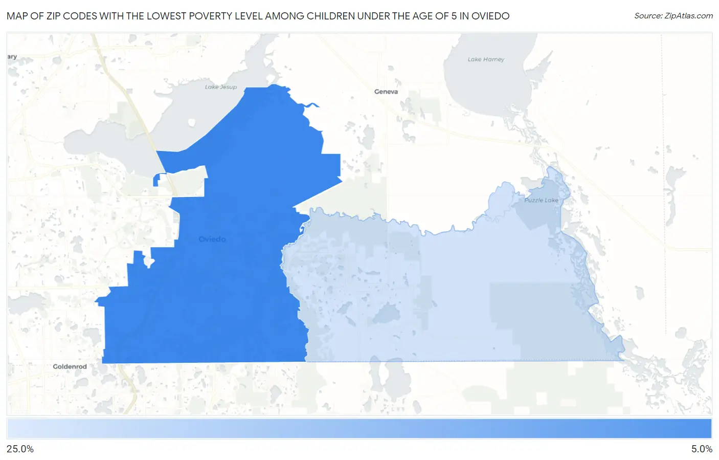 Zip Codes with the Lowest Poverty Level Among Children Under the Age of 5 in Oviedo Map