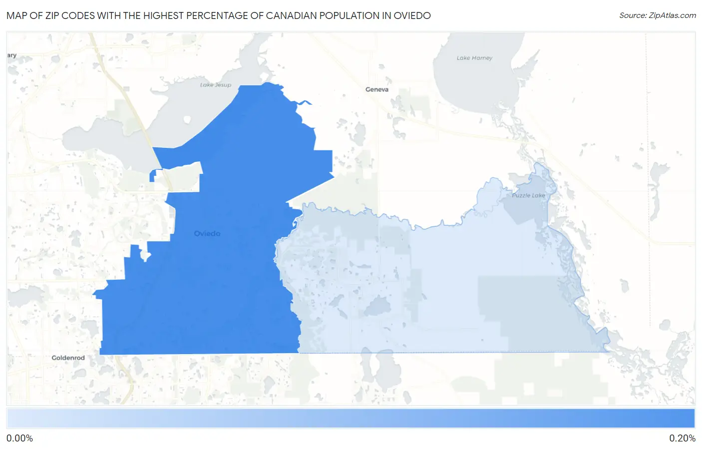 Zip Codes with the Highest Percentage of Canadian Population in Oviedo Map
