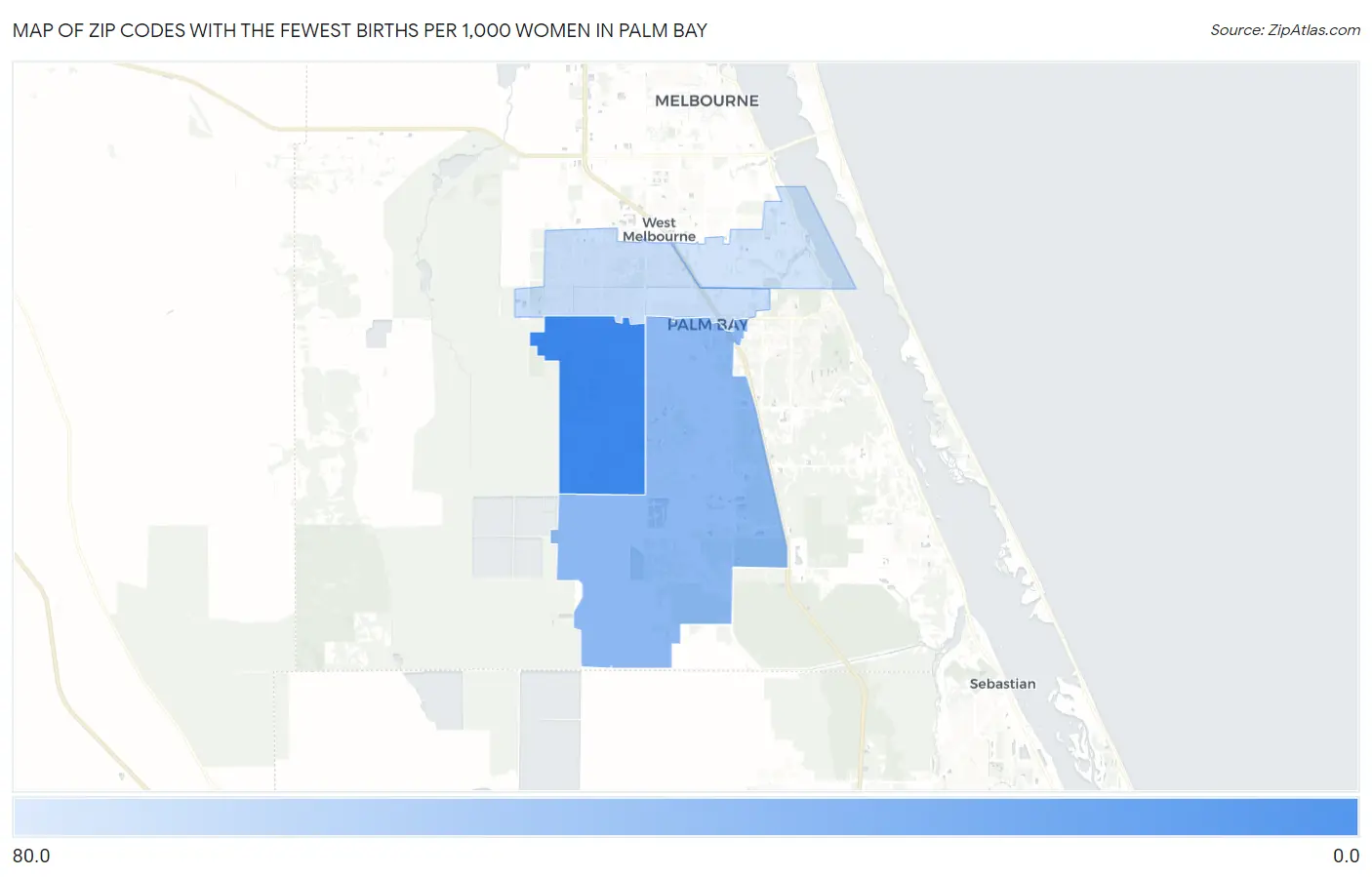Zip Codes with the Fewest Births per 1,000 Women in Palm Bay Map