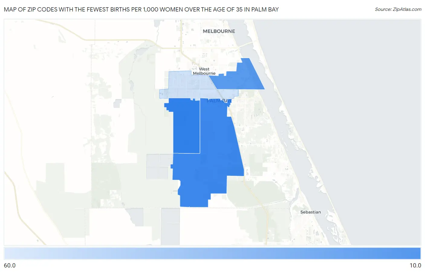 Zip Codes with the Fewest Births per 1,000 Women Over the Age of 35 in Palm Bay Map