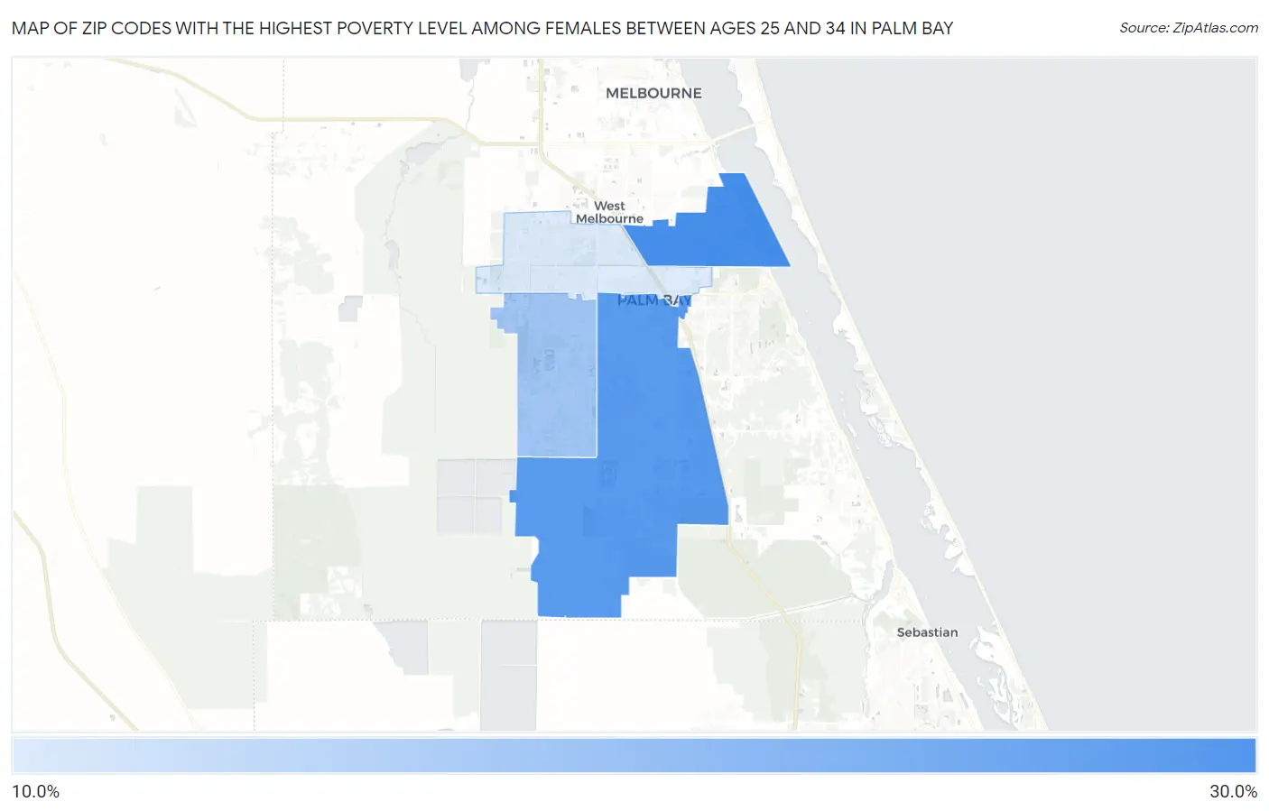 Zip Codes with the Highest Poverty Level Among Females Between Ages 25 and 34 in Palm Bay Map