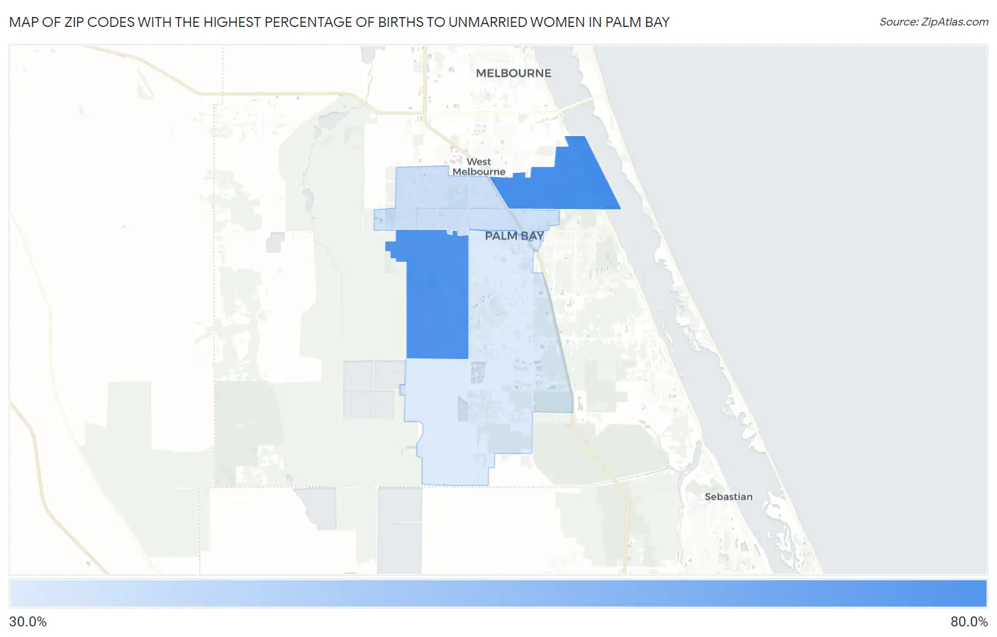 Zip Codes with the Highest Percentage of Births to Unmarried Women in Palm Bay Map