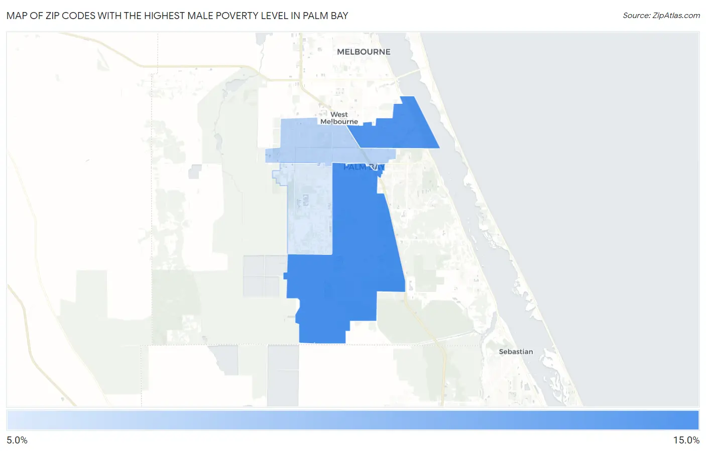 Zip Codes with the Highest Male Poverty Level in Palm Bay Map