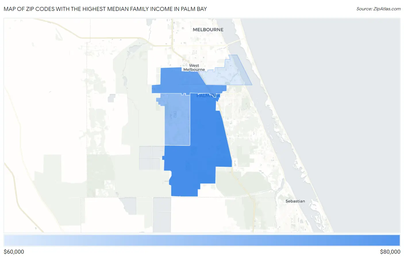 Zip Codes with the Highest Median Family Income in Palm Bay Map