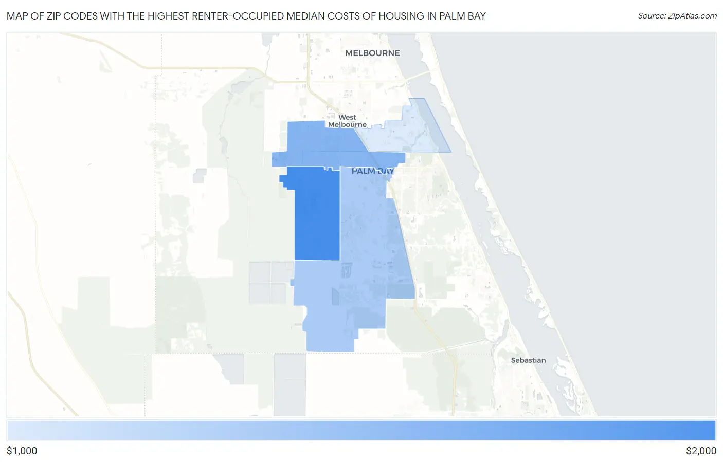 Zip Codes with the Highest Renter-Occupied Median Costs of Housing in Palm Bay Map