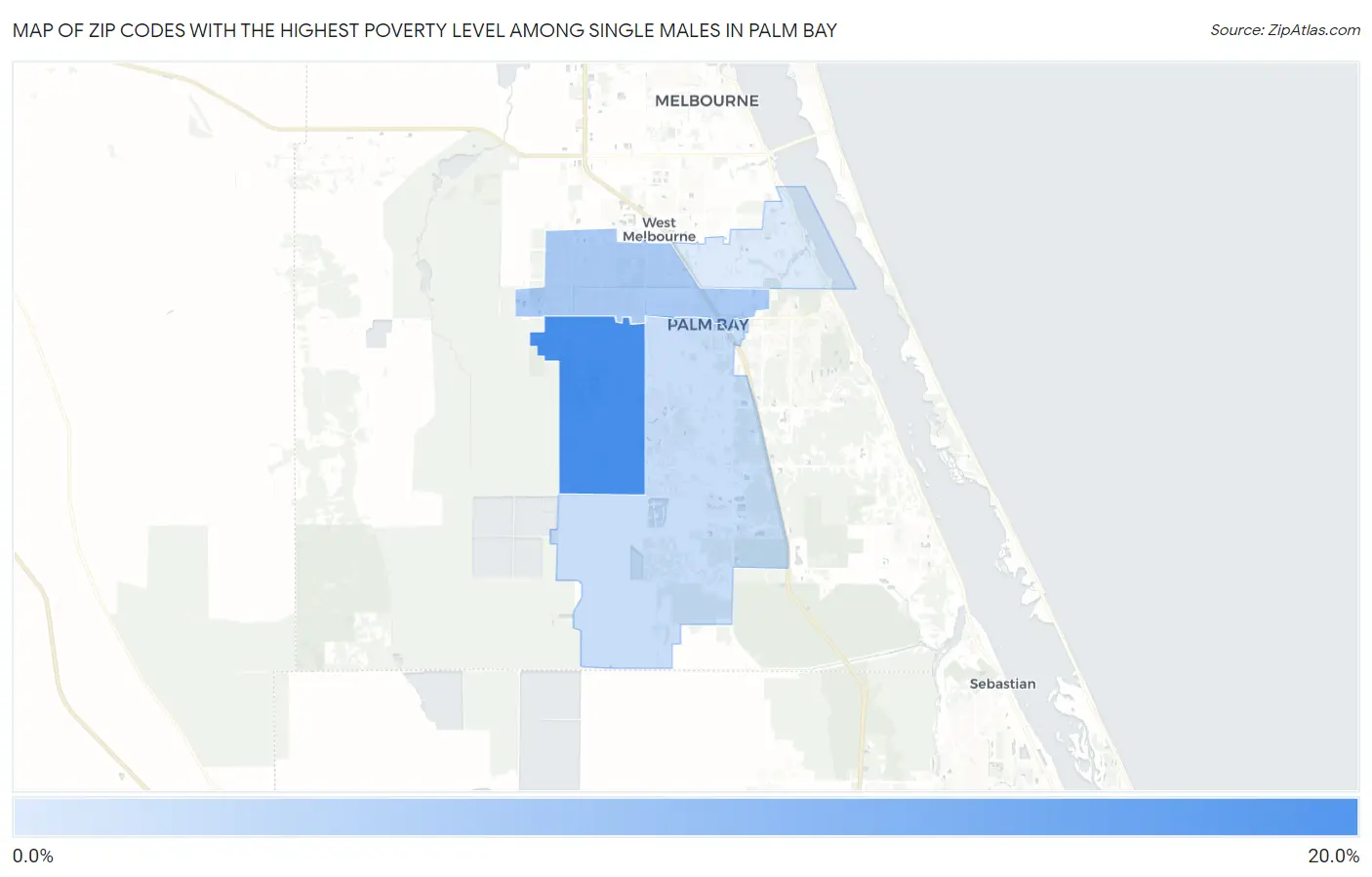 Zip Codes with the Highest Poverty Level Among Single Males in Palm Bay Map