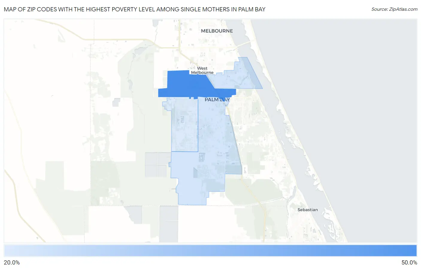 Zip Codes with the Highest Poverty Level Among Single Mothers in Palm Bay Map