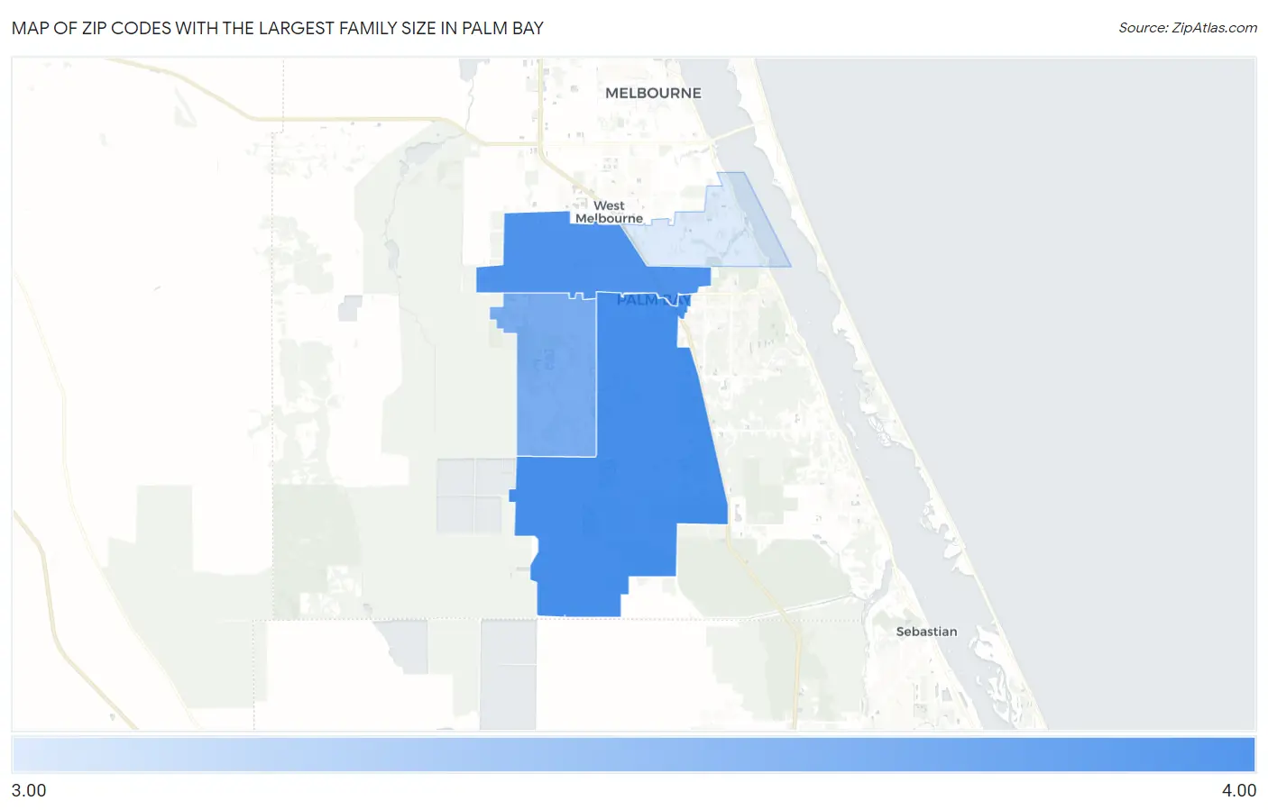 Zip Codes with the Largest Family Size in Palm Bay Map