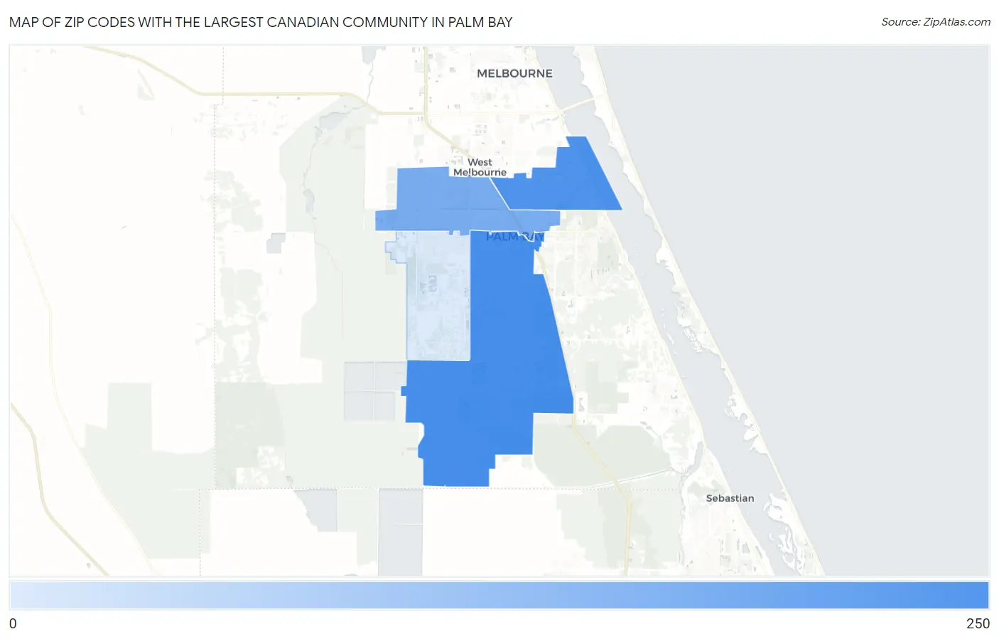 Zip Codes with the Largest Canadian Community in Palm Bay Map