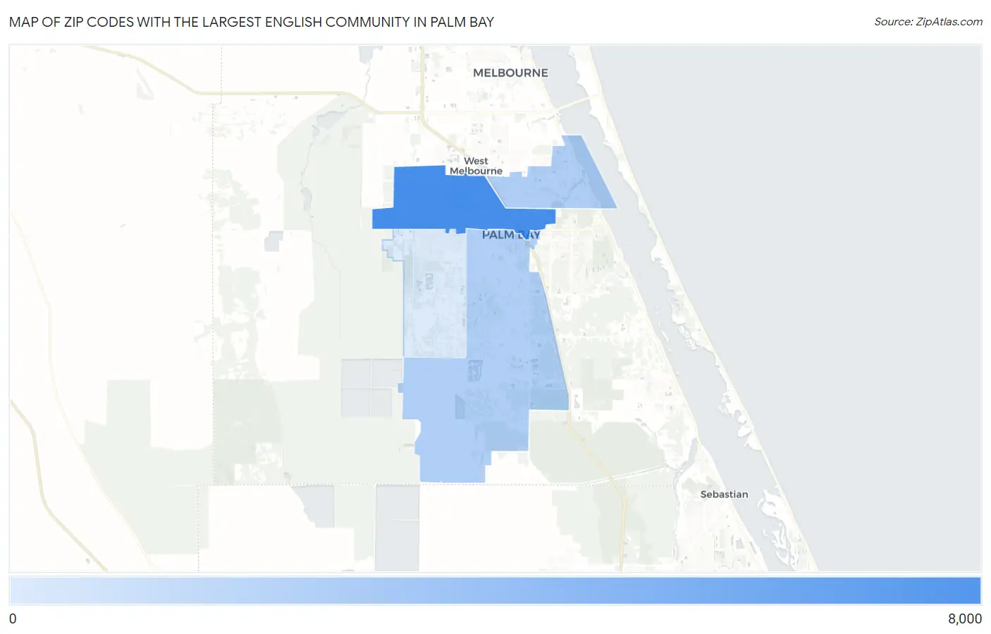 Zip Codes with the Largest English Community in Palm Bay Map