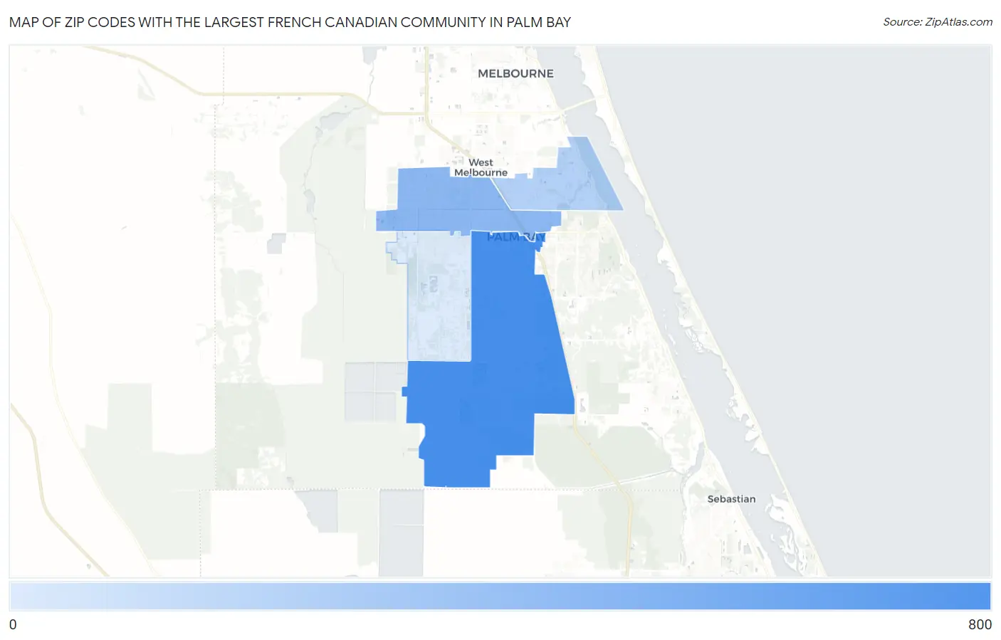 Zip Codes with the Largest French Canadian Community in Palm Bay Map