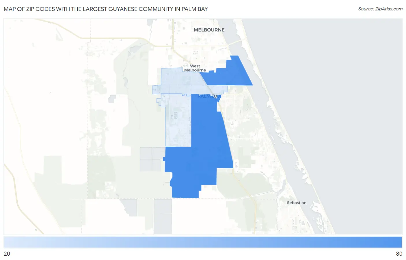 Zip Codes with the Largest Guyanese Community in Palm Bay Map