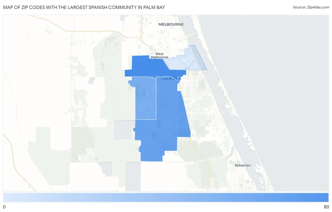 Zip Codes with the Largest Spanish Community in Palm Bay Map