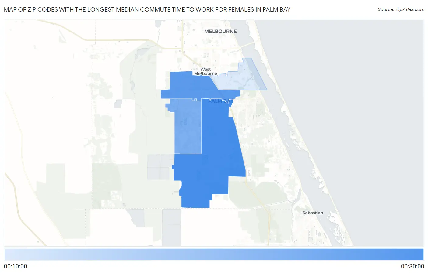 Zip Codes with the Longest Median Commute Time to Work for Females in Palm Bay Map