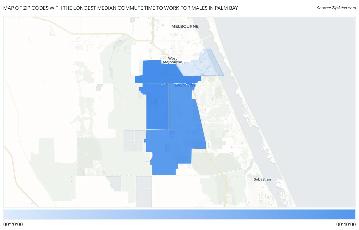 Zip Codes with the Longest Median Commute Time to Work for Males in Palm Bay Map