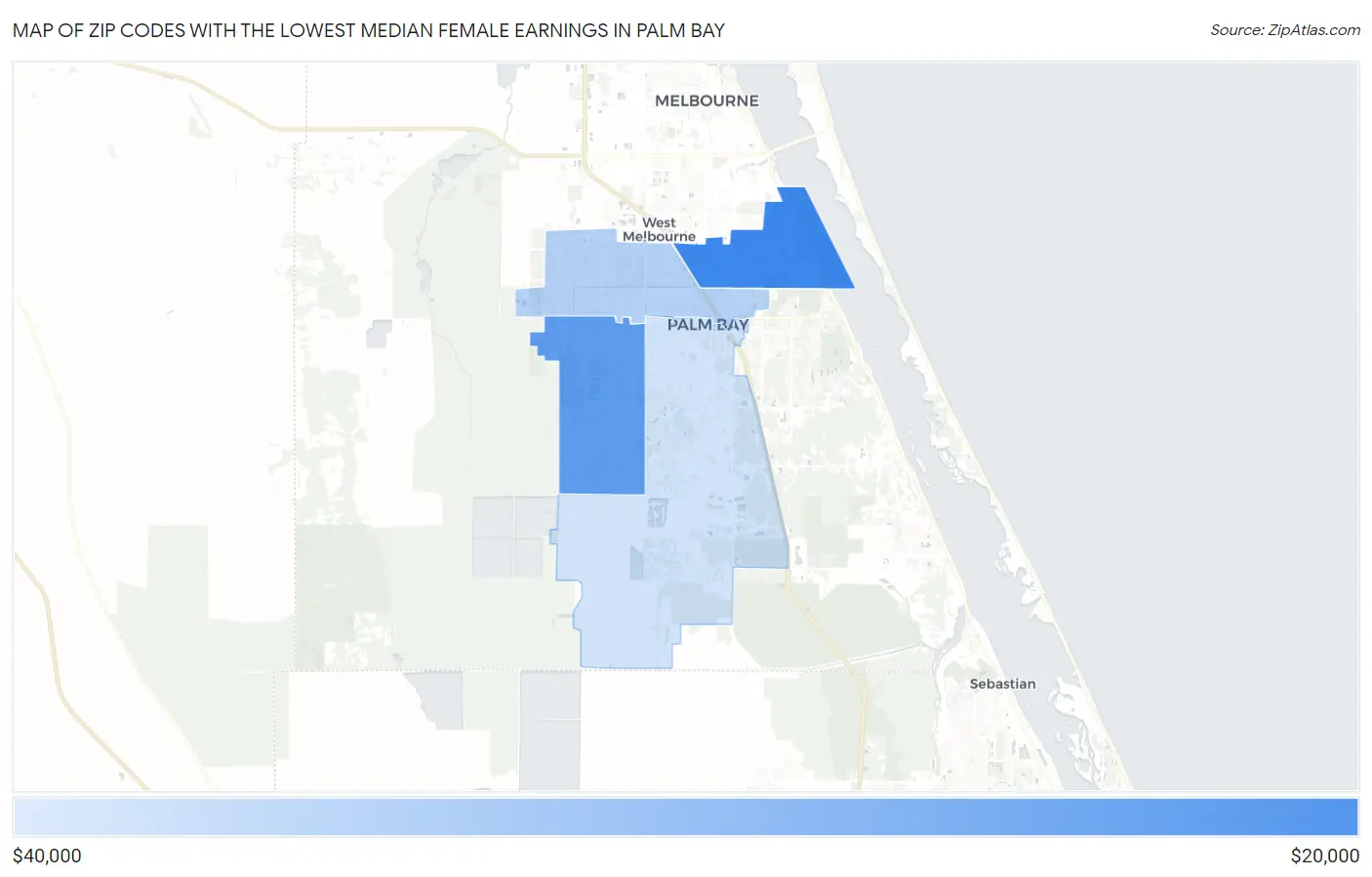 Zip Codes with the Lowest Median Female Earnings in Palm Bay Map