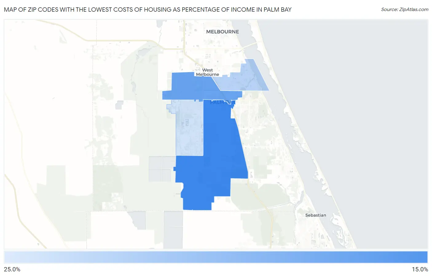 Zip Codes with the Lowest Costs of Housing as Percentage of Income in Palm Bay Map
