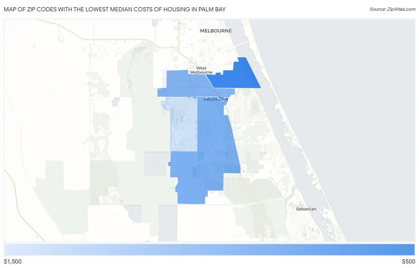 Zip Codes with the Lowest Median Costs of Housing in Palm Bay Map