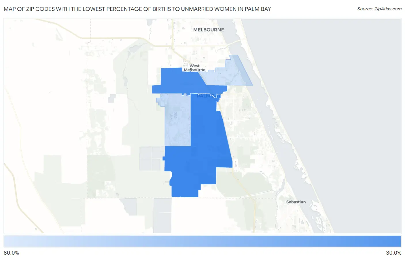 Zip Codes with the Lowest Percentage of Births to Unmarried Women in Palm Bay Map