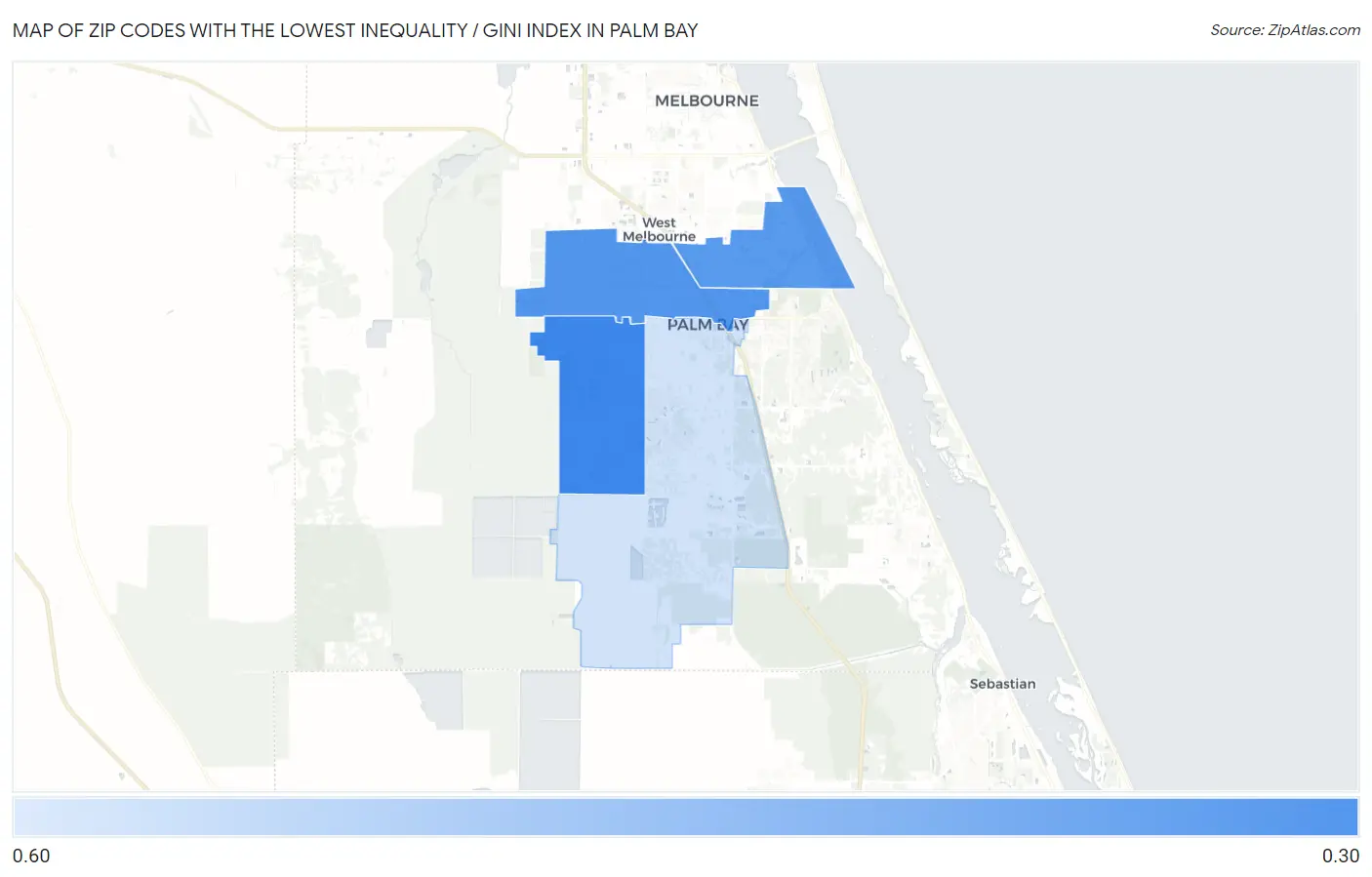 Zip Codes with the Lowest Inequality / Gini Index in Palm Bay Map