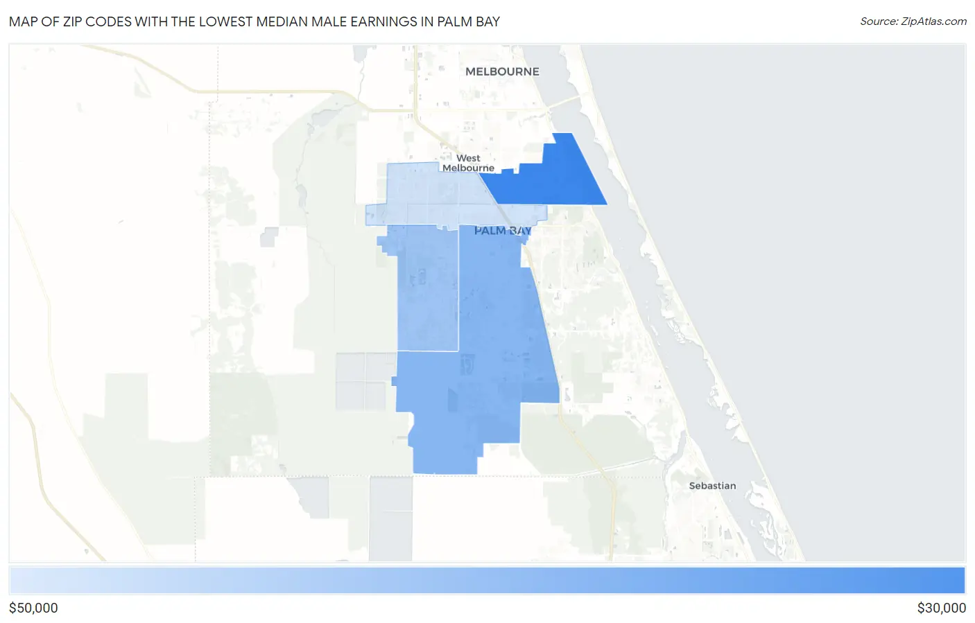 Zip Codes with the Lowest Median Male Earnings in Palm Bay Map