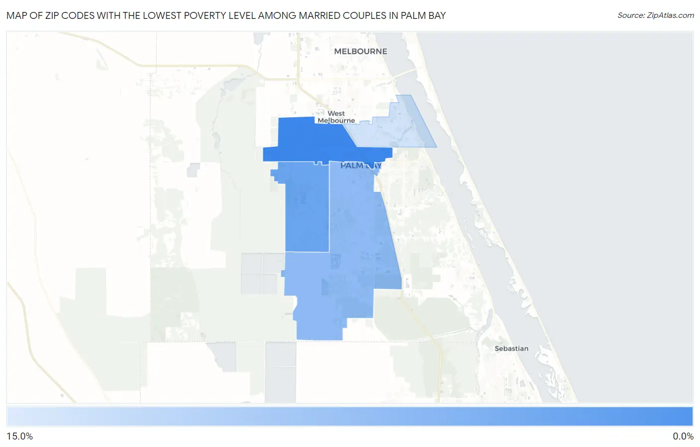 Zip Codes with the Lowest Poverty Level Among Married Couples in Palm Bay Map