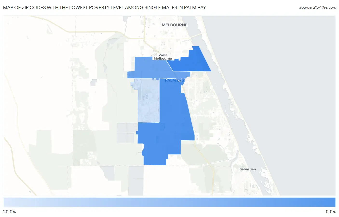 Zip Codes with the Lowest Poverty Level Among Single Males in Palm Bay Map