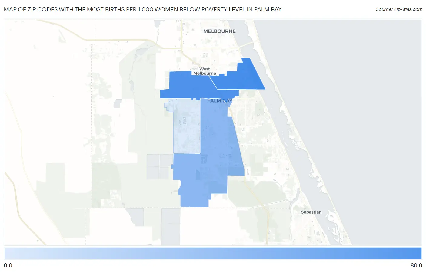 Zip Codes with the Most Births per 1,000 Women Below Poverty Level in Palm Bay Map