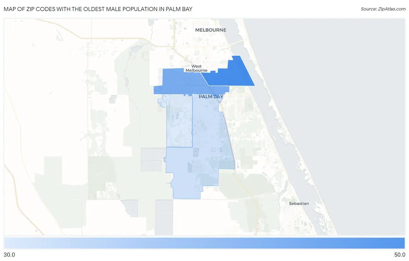 Zip Codes with the Oldest Male Population in Palm Bay Map