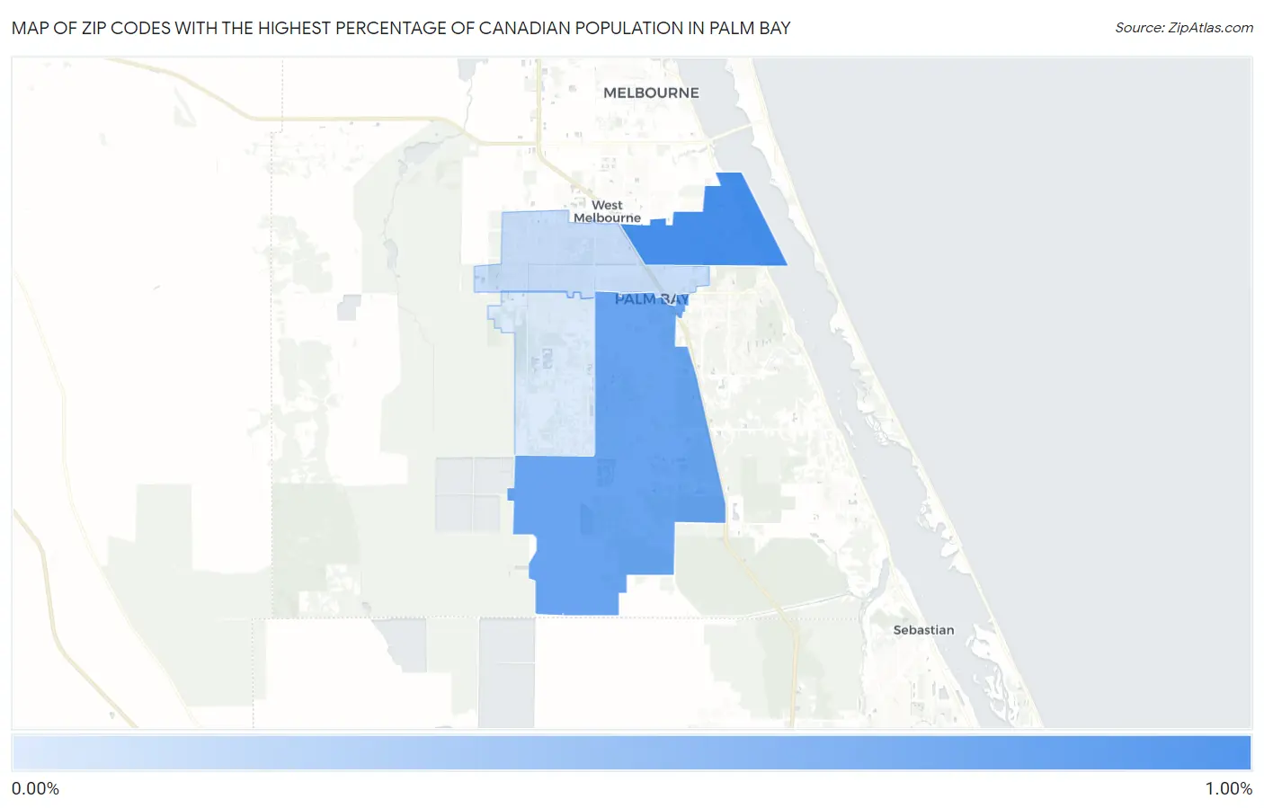 Zip Codes with the Highest Percentage of Canadian Population in Palm Bay Map