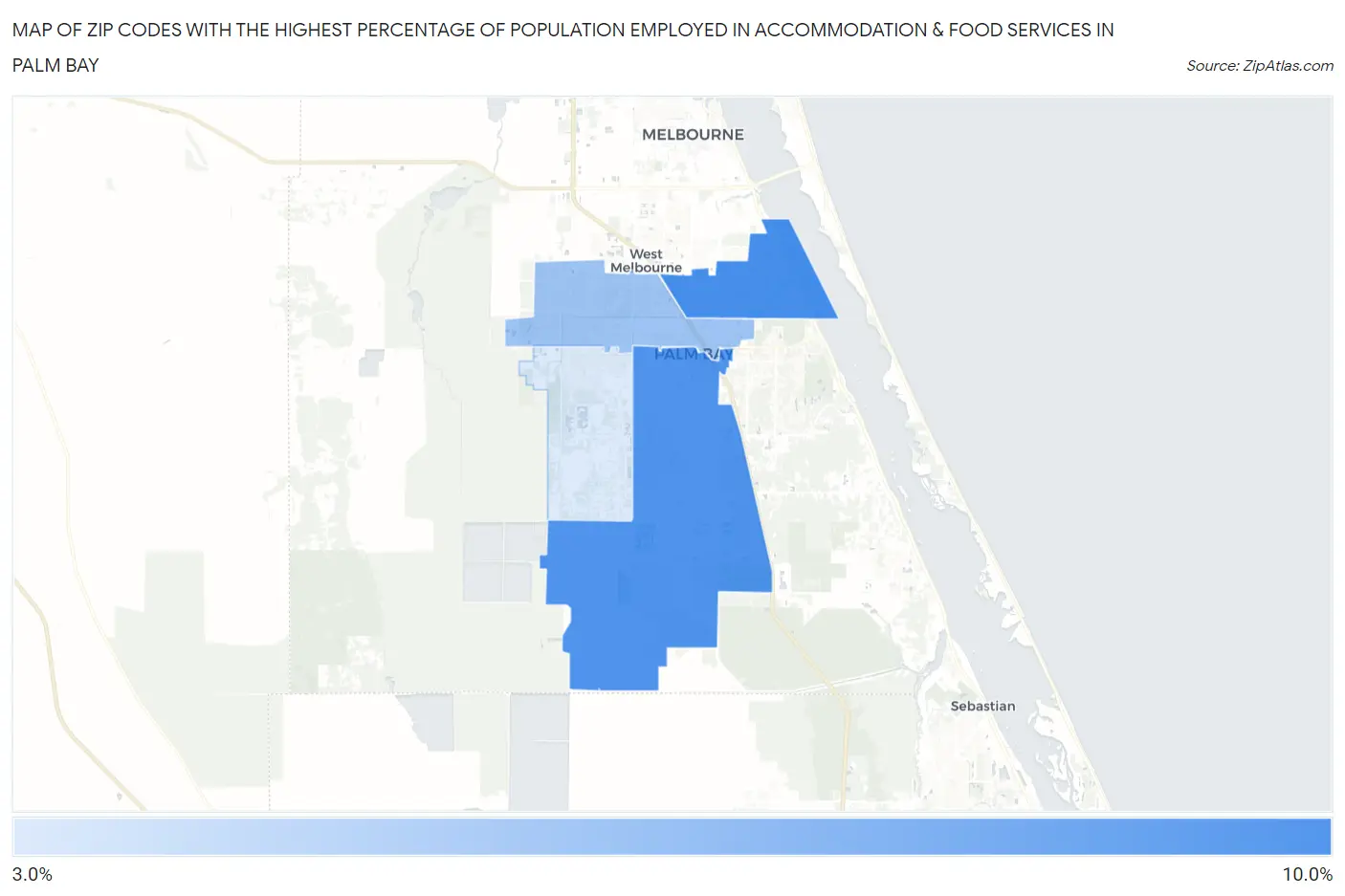 Zip Codes with the Highest Percentage of Population Employed in Accommodation & Food Services in Palm Bay Map