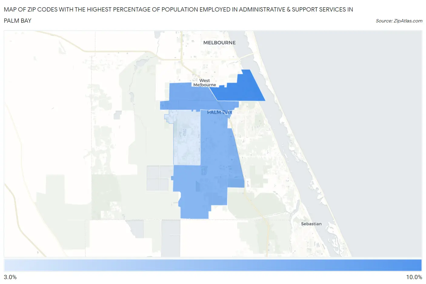 Zip Codes with the Highest Percentage of Population Employed in Administrative & Support Services in Palm Bay Map