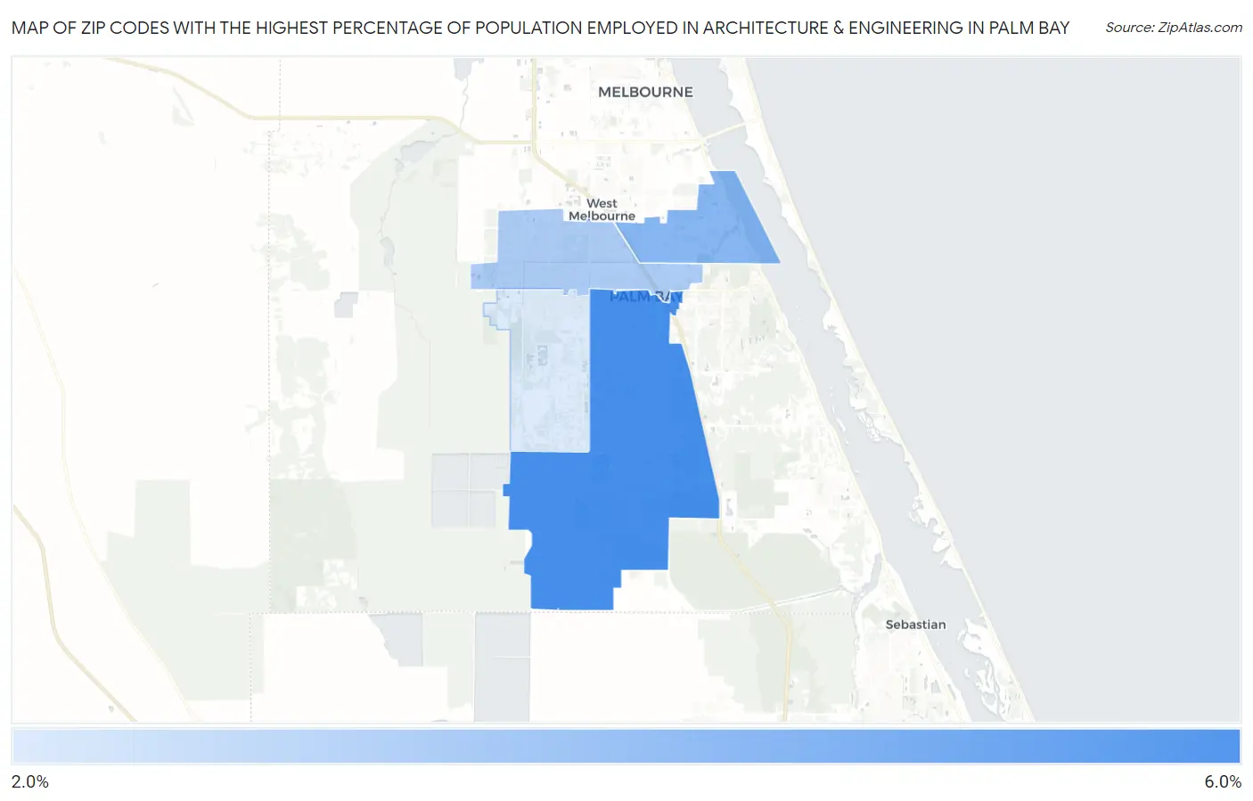 Zip Codes with the Highest Percentage of Population Employed in Architecture & Engineering in Palm Bay Map
