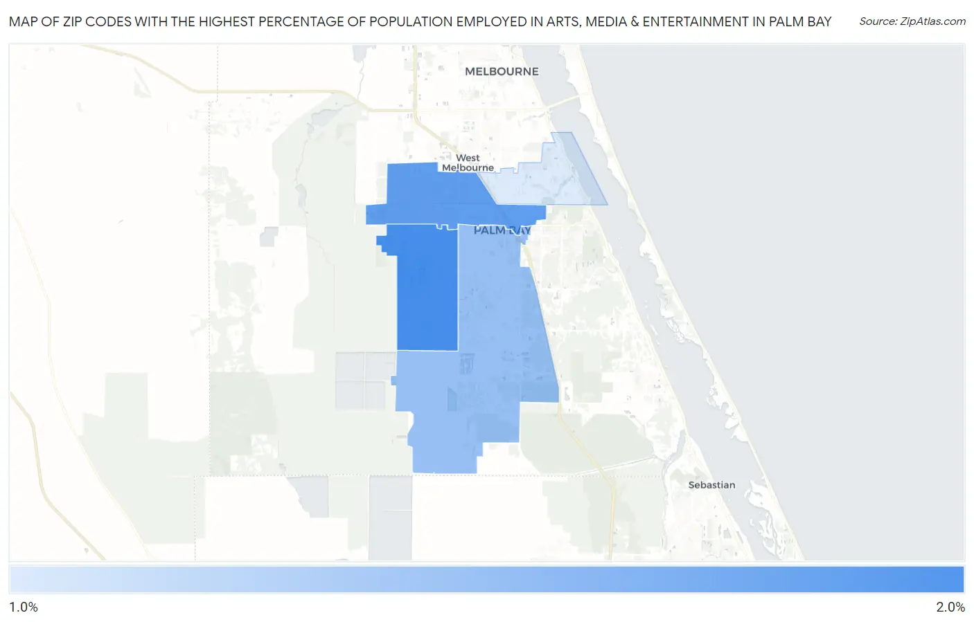 Zip Codes with the Highest Percentage of Population Employed in Arts, Media & Entertainment in Palm Bay Map