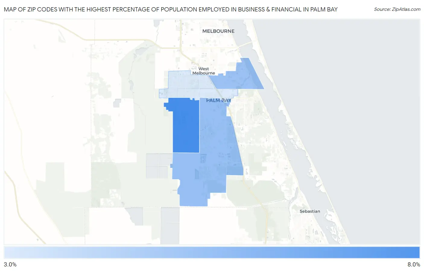 Zip Codes with the Highest Percentage of Population Employed in Business & Financial in Palm Bay Map