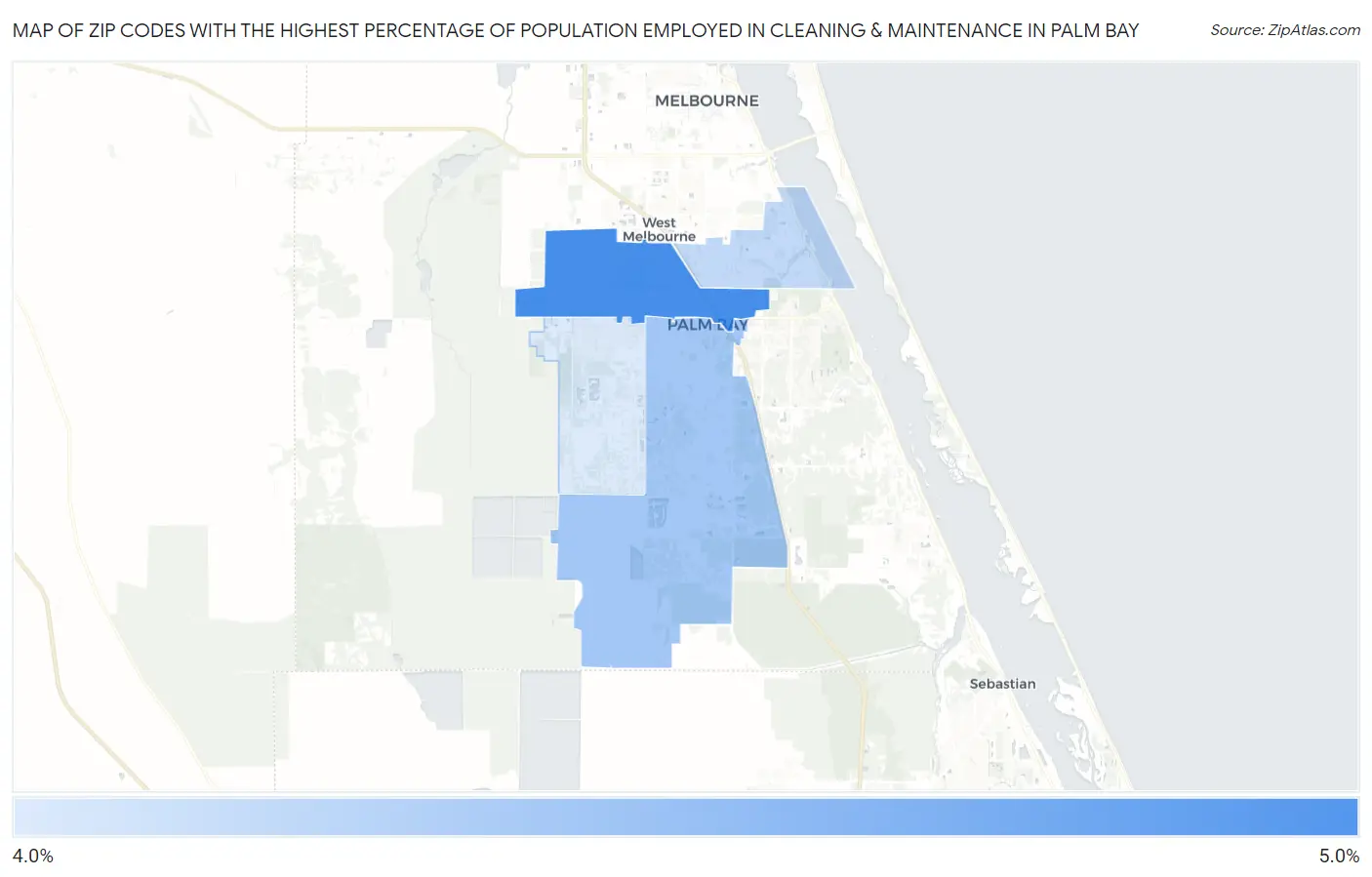 Zip Codes with the Highest Percentage of Population Employed in Cleaning & Maintenance in Palm Bay Map