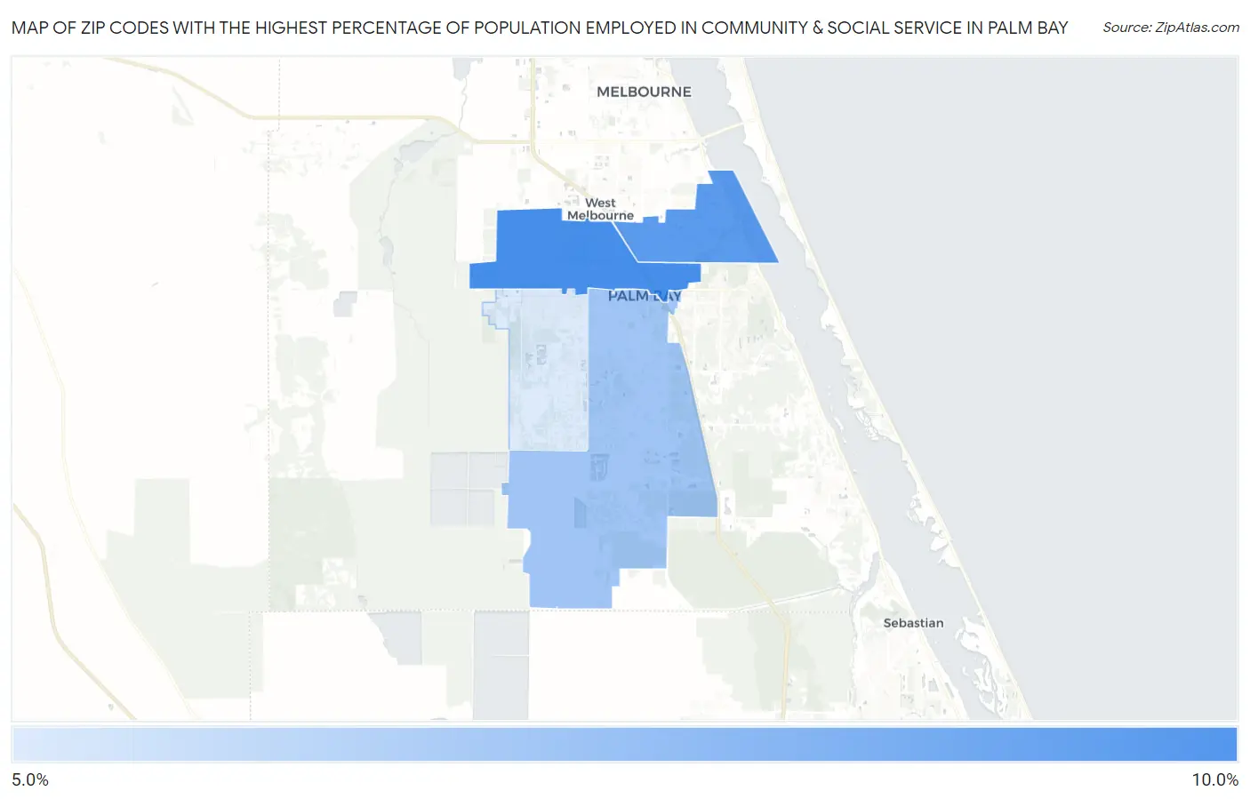 Zip Codes with the Highest Percentage of Population Employed in Community & Social Service  in Palm Bay Map