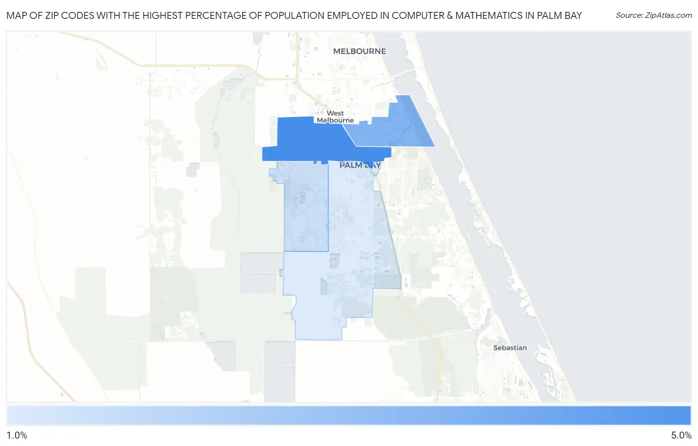 Zip Codes with the Highest Percentage of Population Employed in Computer & Mathematics in Palm Bay Map