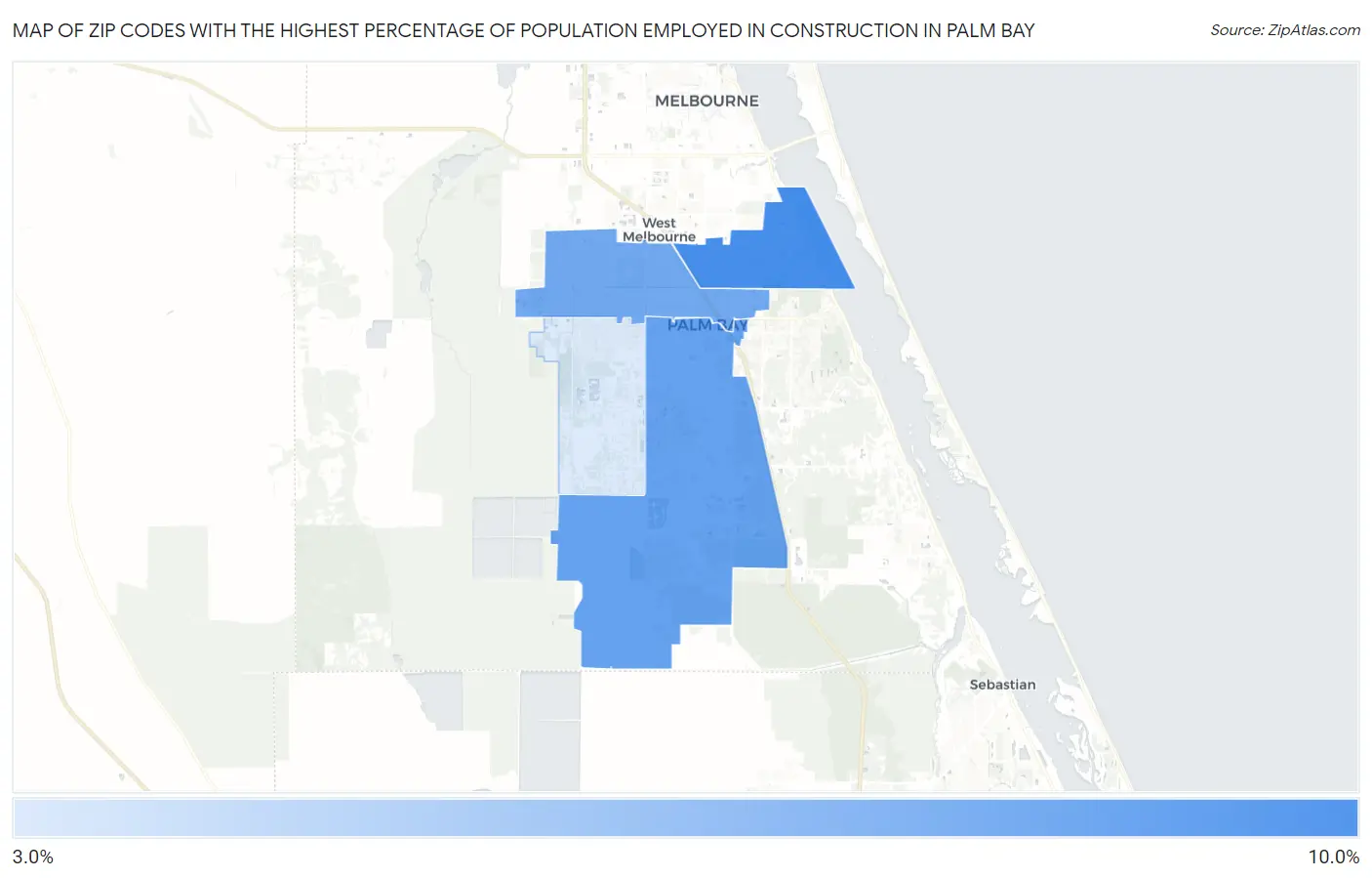 Zip Codes with the Highest Percentage of Population Employed in Construction in Palm Bay Map