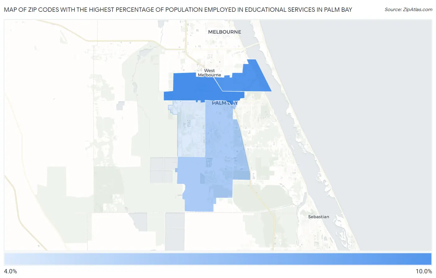 Zip Codes with the Highest Percentage of Population Employed in Educational Services in Palm Bay Map