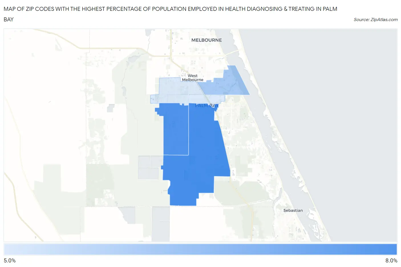 Zip Codes with the Highest Percentage of Population Employed in Health Diagnosing & Treating in Palm Bay Map
