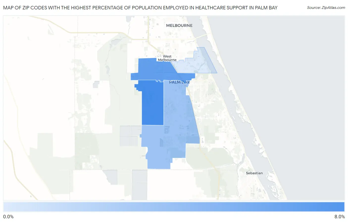 Zip Codes with the Highest Percentage of Population Employed in Healthcare Support in Palm Bay Map