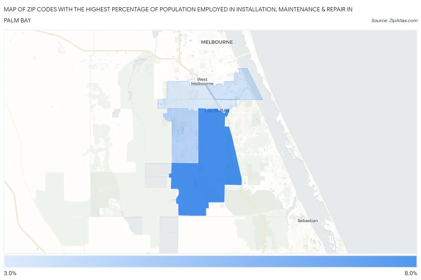 Zip Codes with the Highest Percentage of Population Employed in Installation, Maintenance & Repair in Palm Bay Map